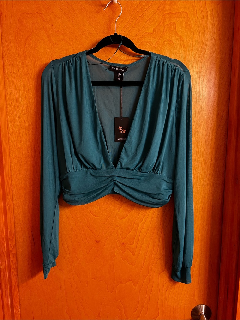 Sincerely Jules Deep Teal Plunge Long-Sleeve Mesh Crop Top